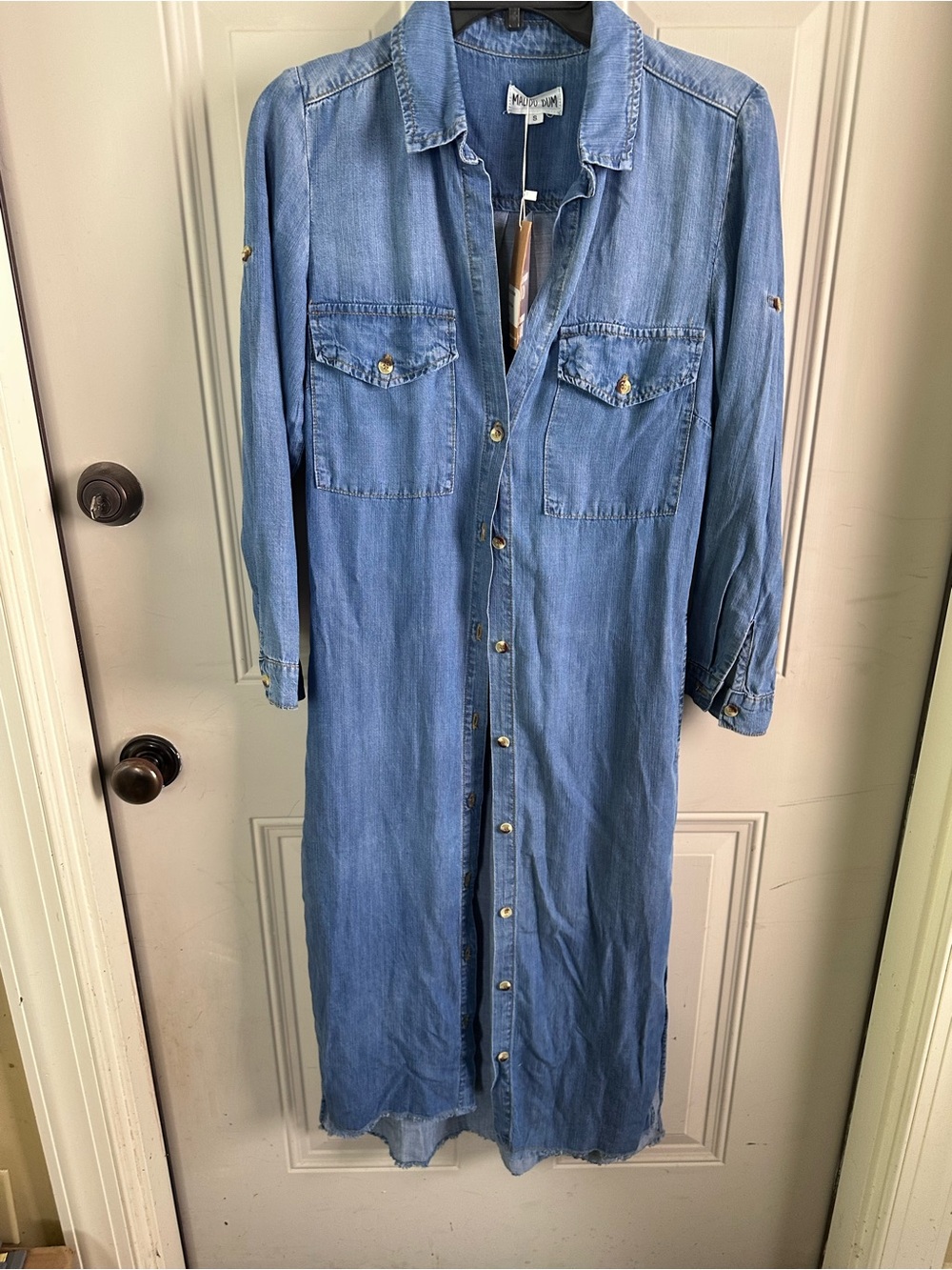 Light Blue Denim Midi Shirt Dress with Button Front